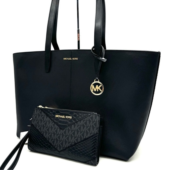 Michael Kors Medium Jet Set Travel Zip Tote Bag & Double Zip Wallet Black/Gold - Picture 2 of 13